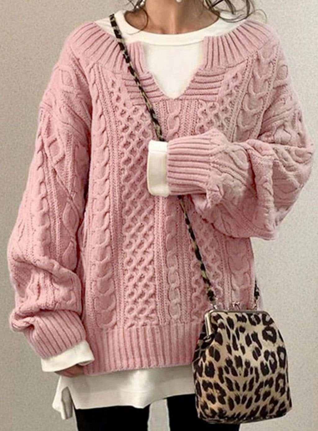 Comfortable Cable Knit Sweater for Women with V Neck Long Sleeve Oversized Relaxed Casual Style