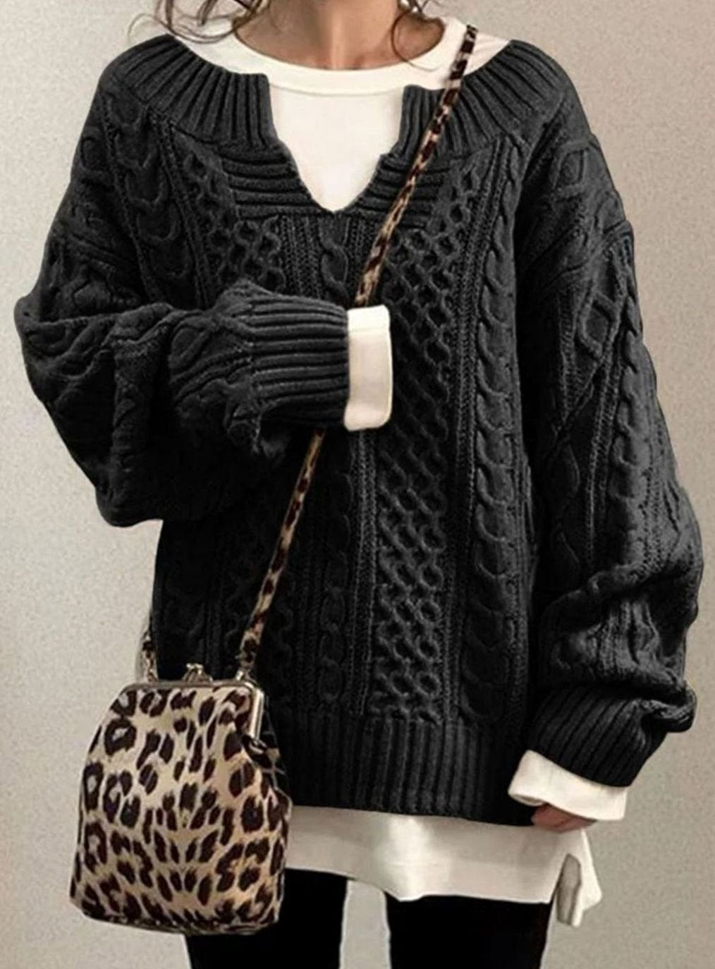 Comfortable Cable Knit Sweater for Women with V Neck Long Sleeve Oversized Relaxed Casual Style