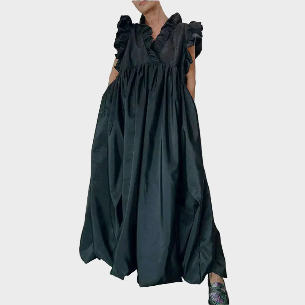 Abito plissettato da donna, linea ad A, ampio, con ruches e tasche, senza maniche, stile casual estivo vintage, scollo a V, abito estivo da donna