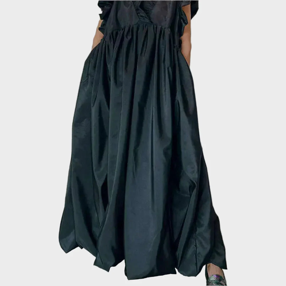 Abito plissettato da donna, linea ad A, ampio, con ruches e tasche, senza maniche, stile casual estivo vintage, scollo a V, abito estivo da donna