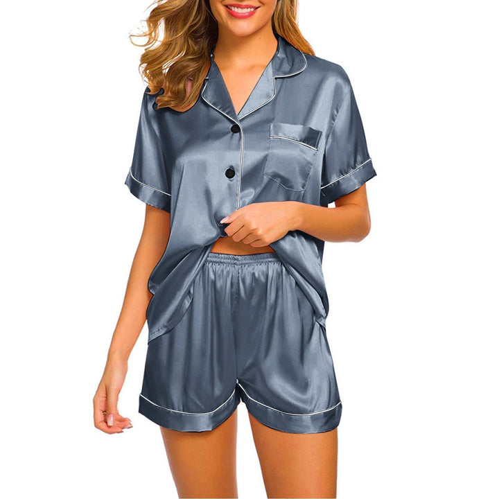 Effortless Blue Satin Pajama Set for Women with Notch Collar Short Sleeve Button Front Two Piece Style
