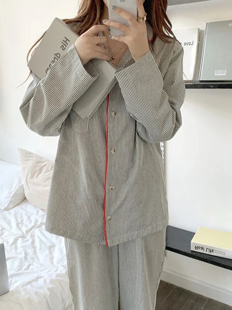 Comfortable Grey Striped Pajama Set for Women with Notch Collar Long Sleeve Button Front Relaxed Loungewear Style