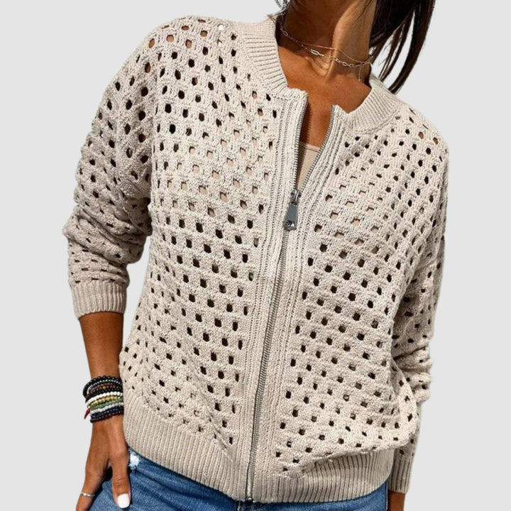 Effortless Cardigan Sweater for Women with Hollow-Knit Zip-Up Relaxed Fit