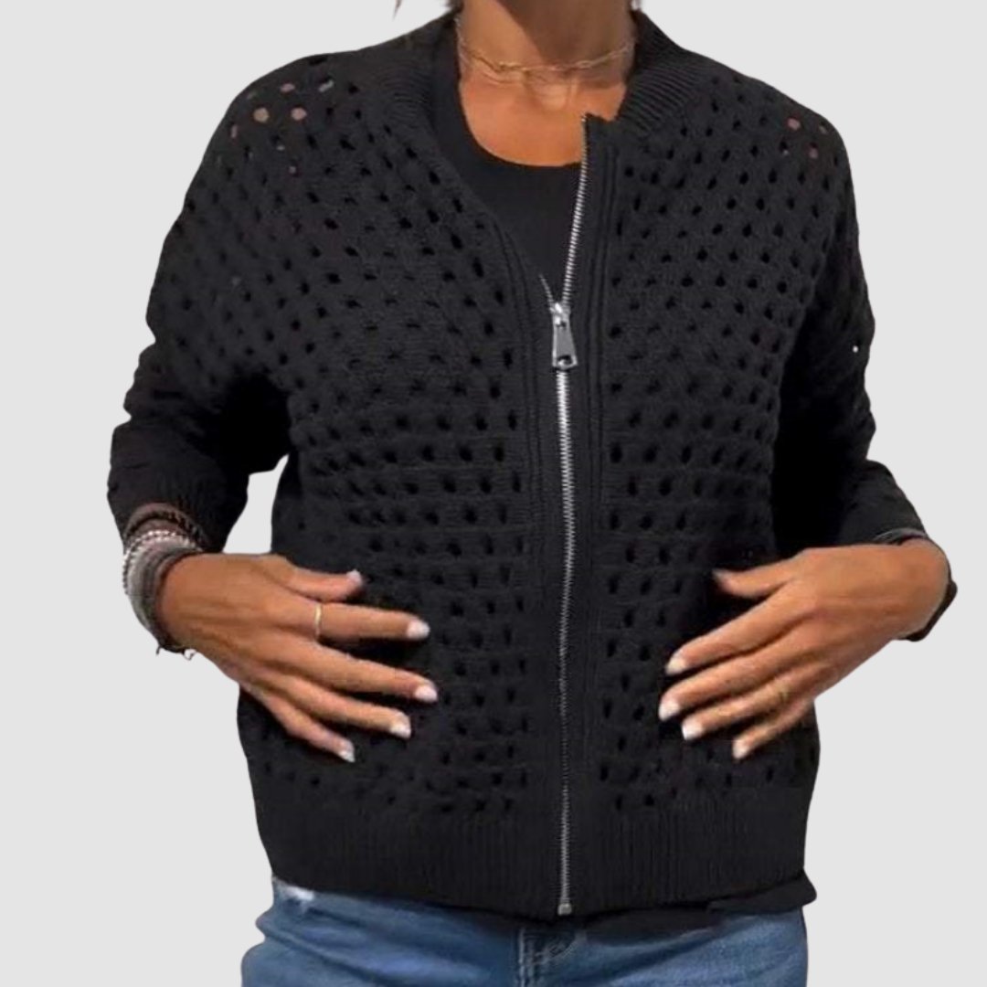 Effortless Cardigan Sweater for Women with Hollow-Knit Zip-Up Relaxed Fit