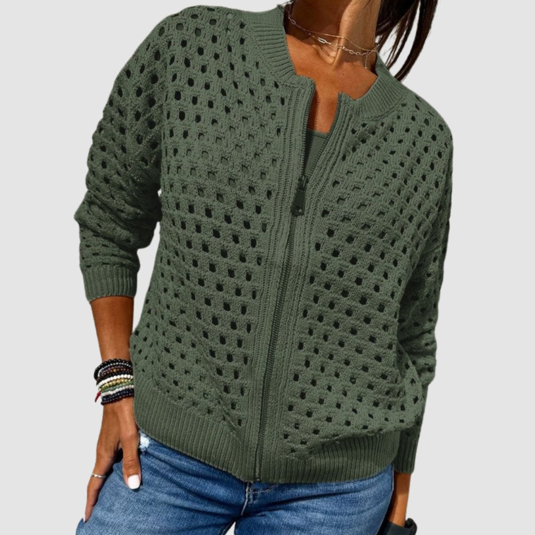 Effortless Cardigan Sweater for Women with Hollow-Knit Zip-Up Relaxed Fit