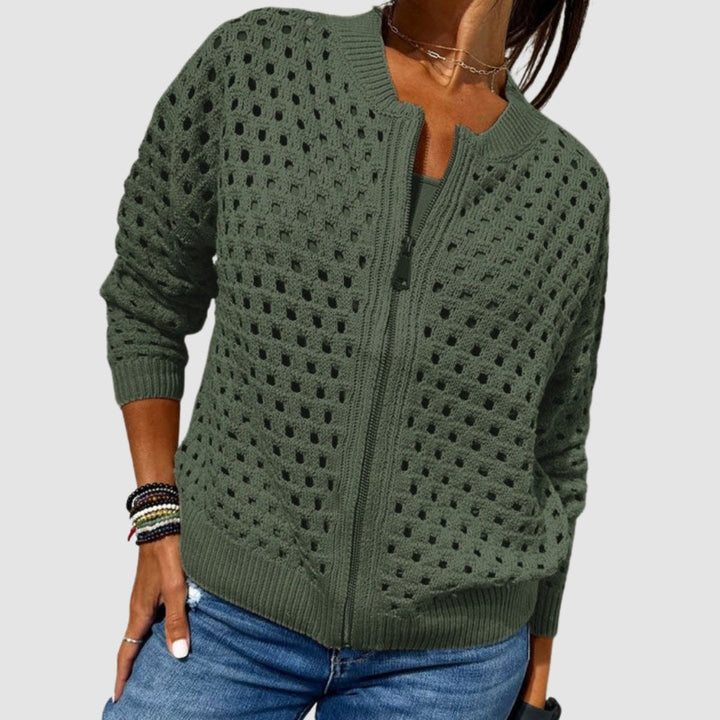 Effortless Cardigan Sweater for Women with Hollow-Knit Zip-Up Relaxed Fit