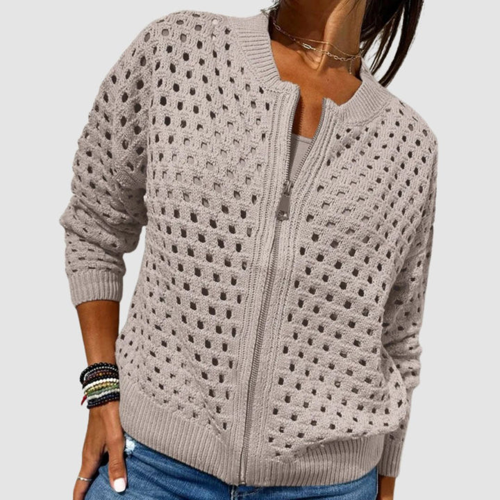 Effortless Cardigan Sweater for Women with Hollow-Knit Zip-Up Relaxed Fit