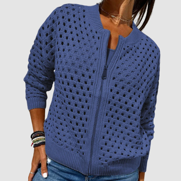 Effortless Cardigan Sweater for Women with Hollow-Knit Zip-Up Relaxed Fit