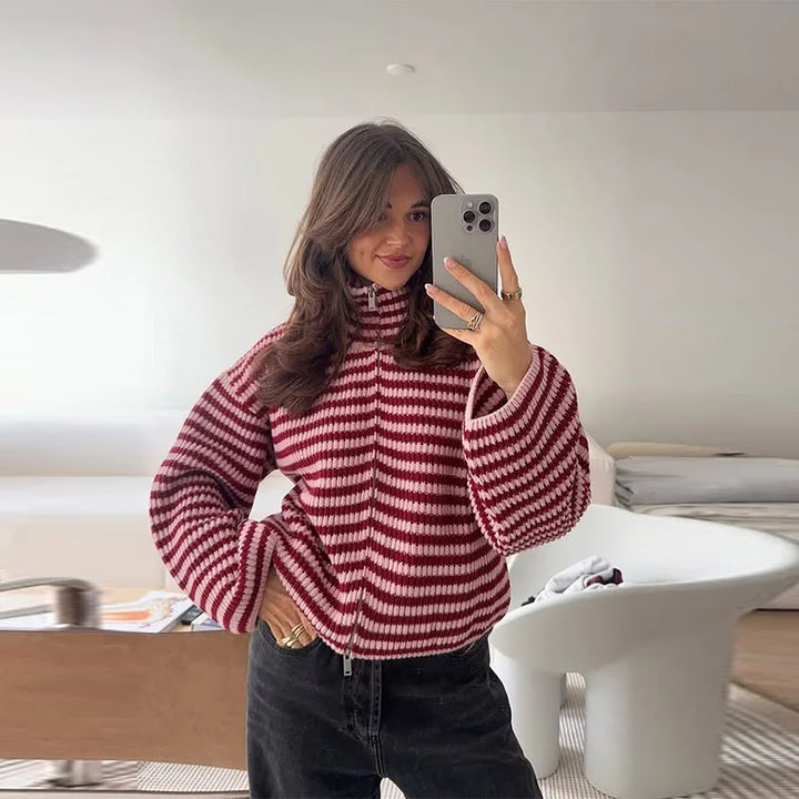 Comfortable Ribbed Cardigan for Women with High Collar Long Sleeve Oversized Zip Front Knit Style