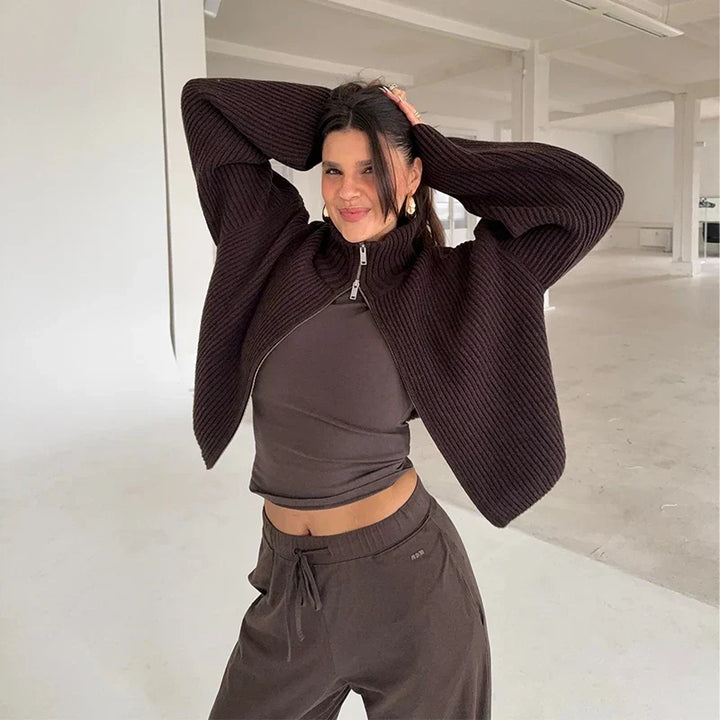 Comfortable Ribbed Cardigan for Women with High Collar Long Sleeve Oversized Zip Front Knit Style