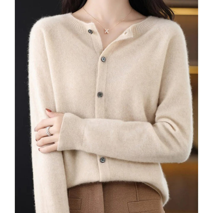 Comfortable Knit Cardigan for Women with Round Neck Long Sleeve Button Front Relaxed Style