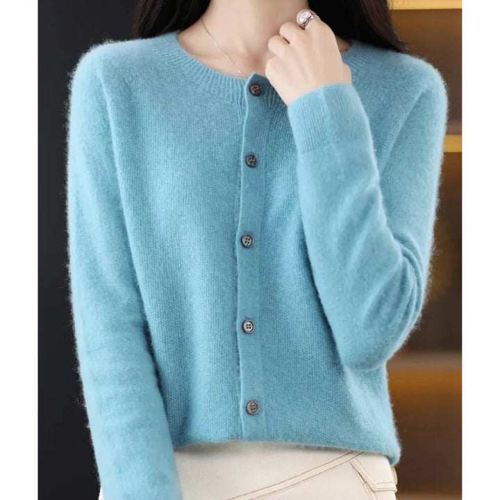 Comfortable Knit Cardigan for Women with Round Neck Long Sleeve Button Front Relaxed Style