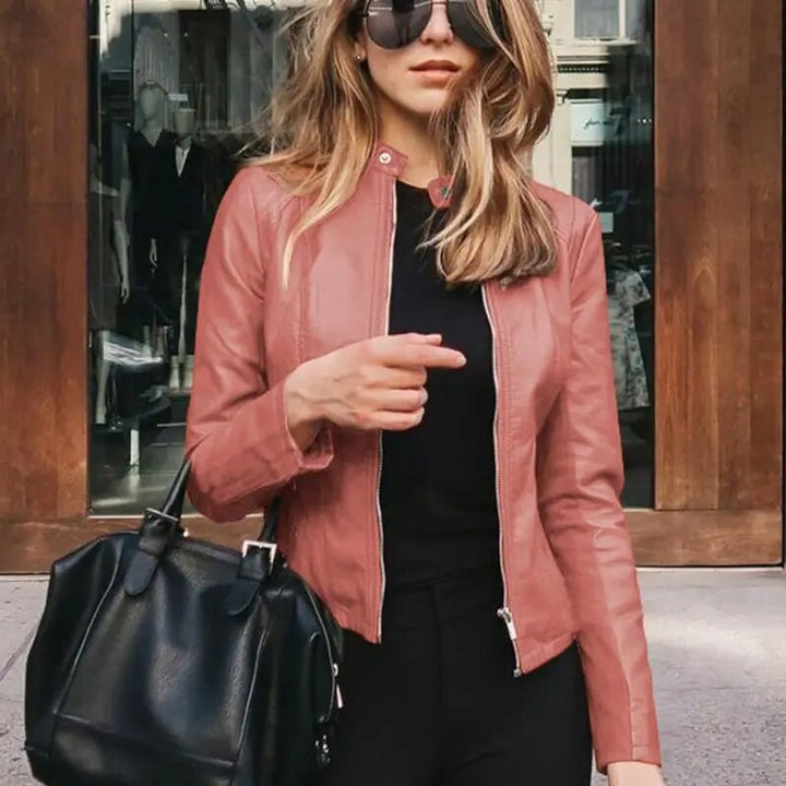 Sleek Faux Leather Jacket for Women with Band Collar Zip Up Fitted Moto Style