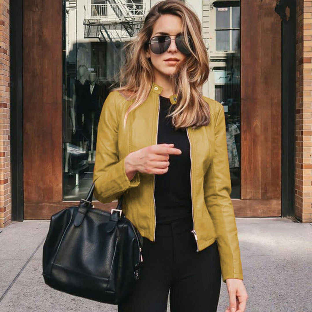 Elegant Faux Leather Jacket for Women with Band Collar Long Sleeve Zip Front Moto Style