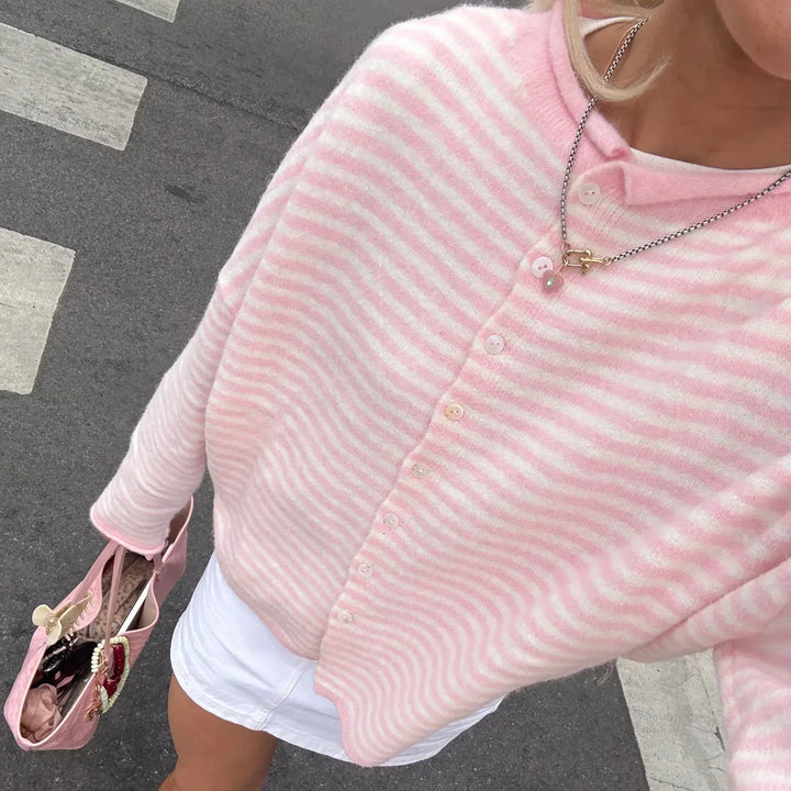 Comfortable Striped Cardigan Sweater for Women with Collar Long Sleeve Button Front Oversized Knit Style