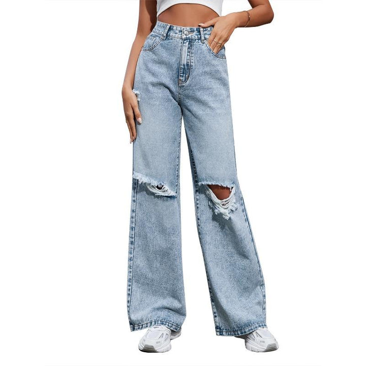 Effortless Distressed Wide Leg Jeans for Women with High Waist Ripped Knee Relaxed Casual Style