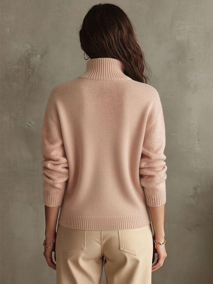 Comfortable Pink Knit Sweatshirt for Women with Mock Neck Long Sleeve Quarter Zip Ribbed Oversized Style