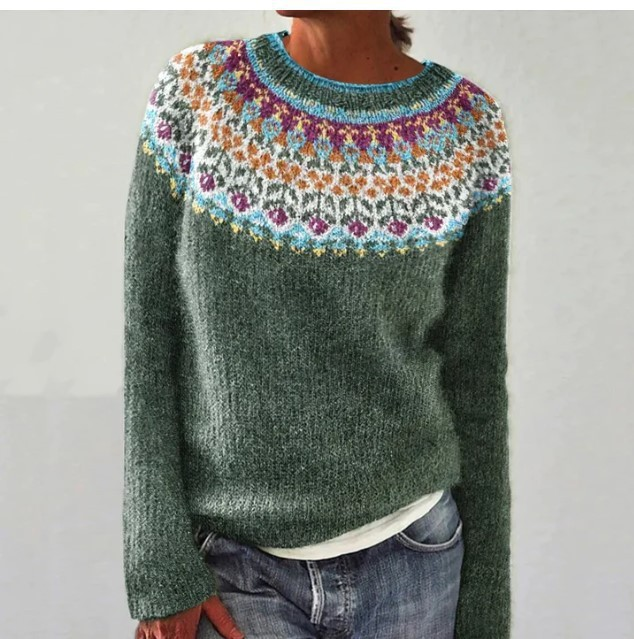 Comfortable Grey Fair Isle Sweater for Women with Crew Neck Long Sleeve Relaxed Oversized Knit Style